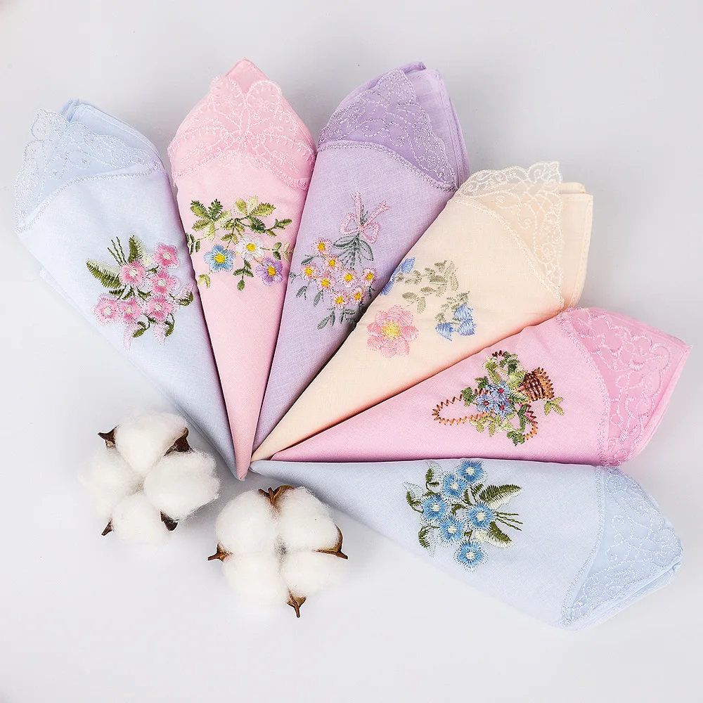 3Pcs Cotton Handkerchief Butterfly Flower Lace Embroidery Pure Cotton Women's Suzhou Square Towel 28*28cm