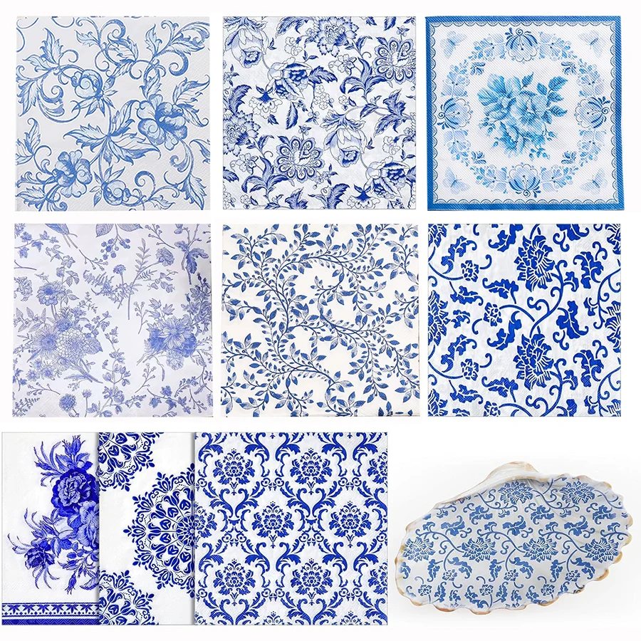 Classic Blue White Porcelain Flower Paper Napkins 36Pcs Floral Disposable Tissue Wedding Decoupage Craft Table Decor Supplies
