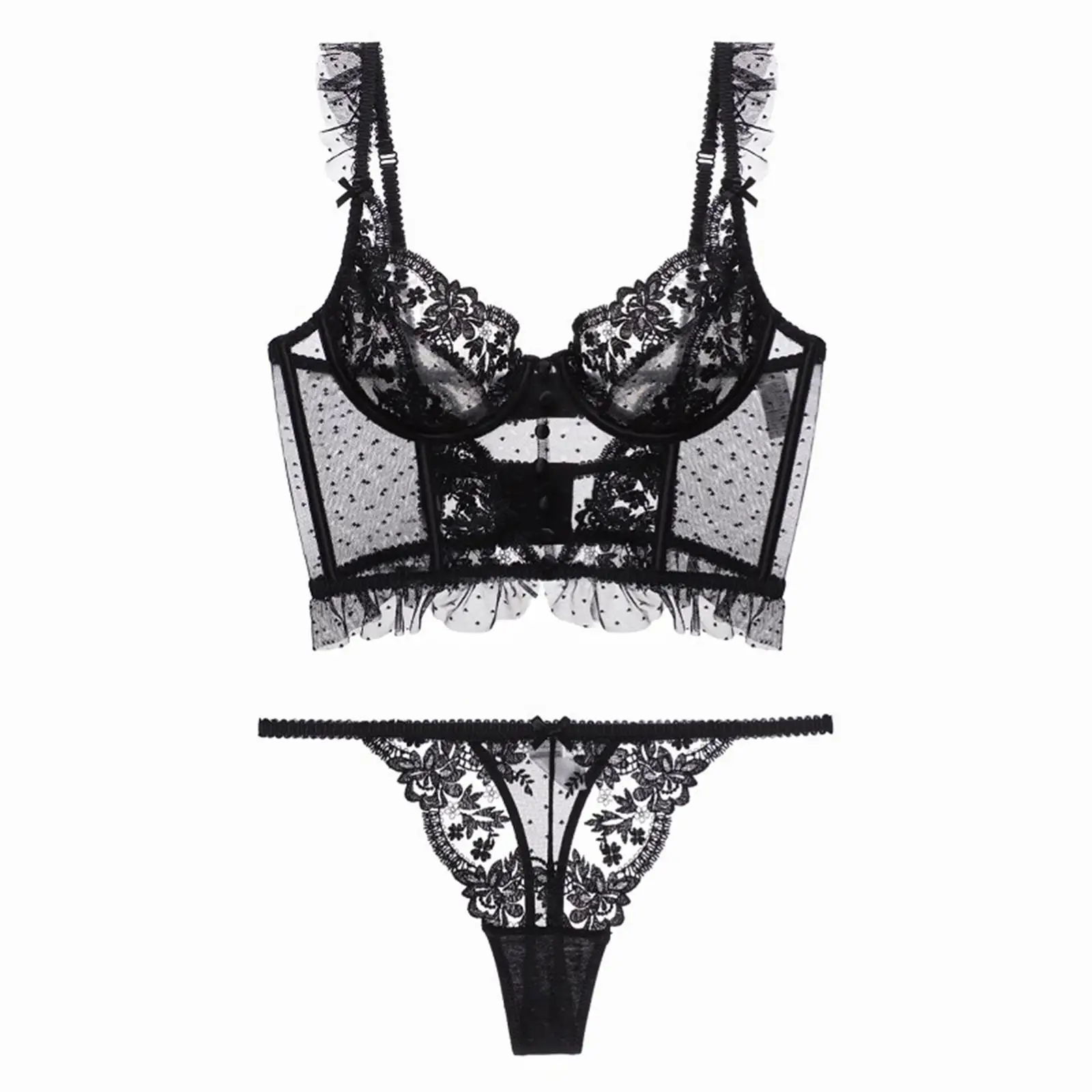 Women Lingerie Set Thin Underwear 2 Piece Bodysuit Underwire Lace Transparent Bra Panty Sets for Bridal Gift Wedding Sleepwear