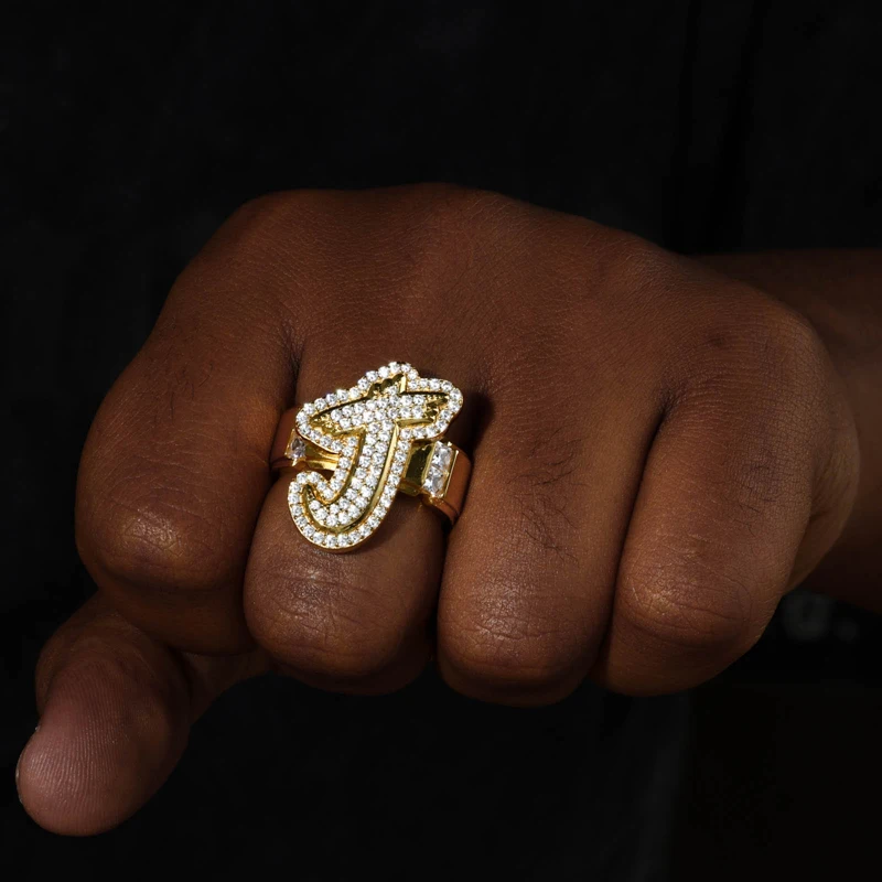 TUHE Iced Out Moissanite Custom Letter Ring 925 Silver Personalized Initial Bling Ring For Men Hip Hop Jewelry Gift view 4