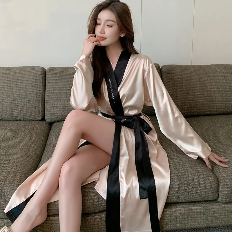 

2024 New Sexy Nightdress Women's Spring Autumn Winter Imitation Ice Silk Morning Robe V-neck Loose Bathrobe Ladies Loungewear