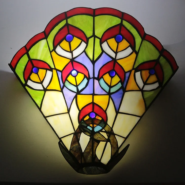LongHuiJing Custom Made 14Inch  Style Peacock Wall Lamp Handcrafted Stained Glass Uplighter Lamp