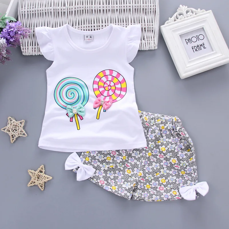 New Baby Girls Clothes Sets Summer Kids T-shirt Tops+Short Pants Clothes Suit Toddler Girl Lollipop Printed Infant Clothing Sets