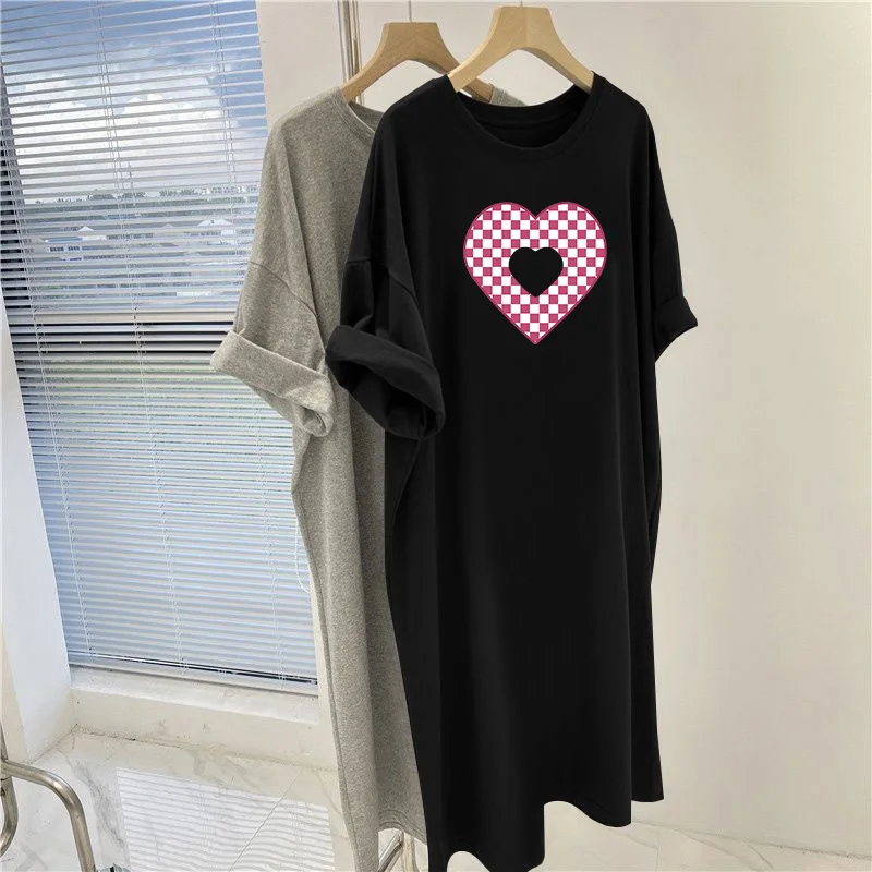 

Summer Women Clothing Vintage Short Sleeve Dress, Loose Casual O-neck Knee Length Tunic, Cartoon Printed Basic Straight Dresses