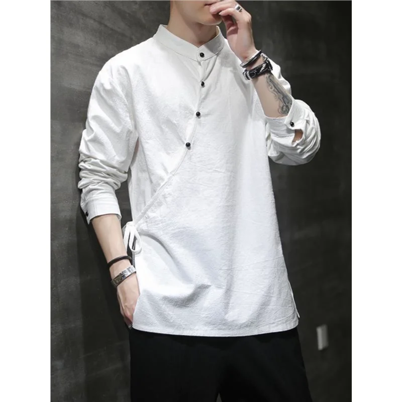 

Повседневная хлопковая футболка с длинным рукавом, базовый слой, мужская одежда для медитации в стиле дзен, китайский стиль, костюм Тан, обновленный ханьфу, молодежная одежда