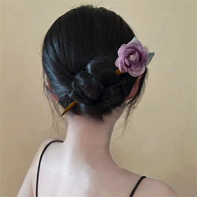 

2026 New Chinese Style Flower Wood Hair Stick for Women Girl Elegant Purple Mesh Rose Flower Charm Hairpin Hair Accessories