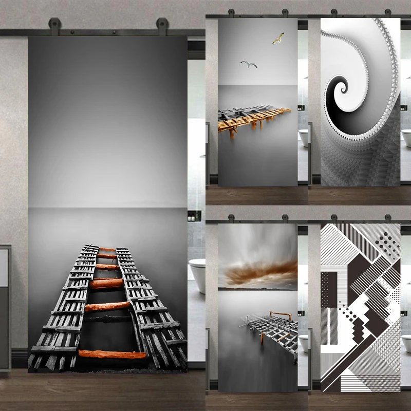 Door Stickers Adhesive Black and White and Gray Tones Photo Wallpaper for Living Room DIY Full Door Mural Cover Art Poster Home