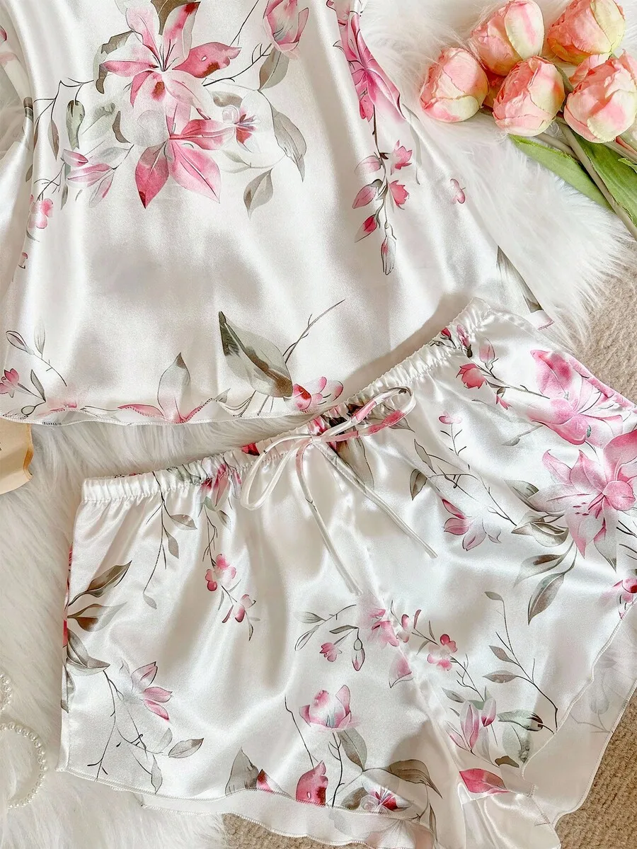 

Elegant Floral Satin Two Piece Pajama Set Women Sleepwear Shorts And Camisole Top Summer