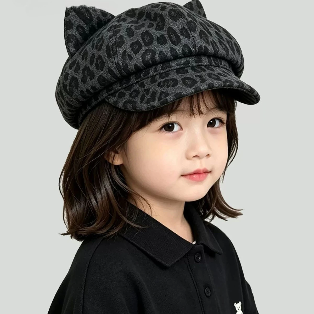 Kinder Retro Leopardenmuster Baskenmütze Niedliche Ohren Achteckiger Kürbis-Hut Stilvolle Ganzjahres-Malermütze für Jungen und Mädchen für den Alltag – Detail 4
