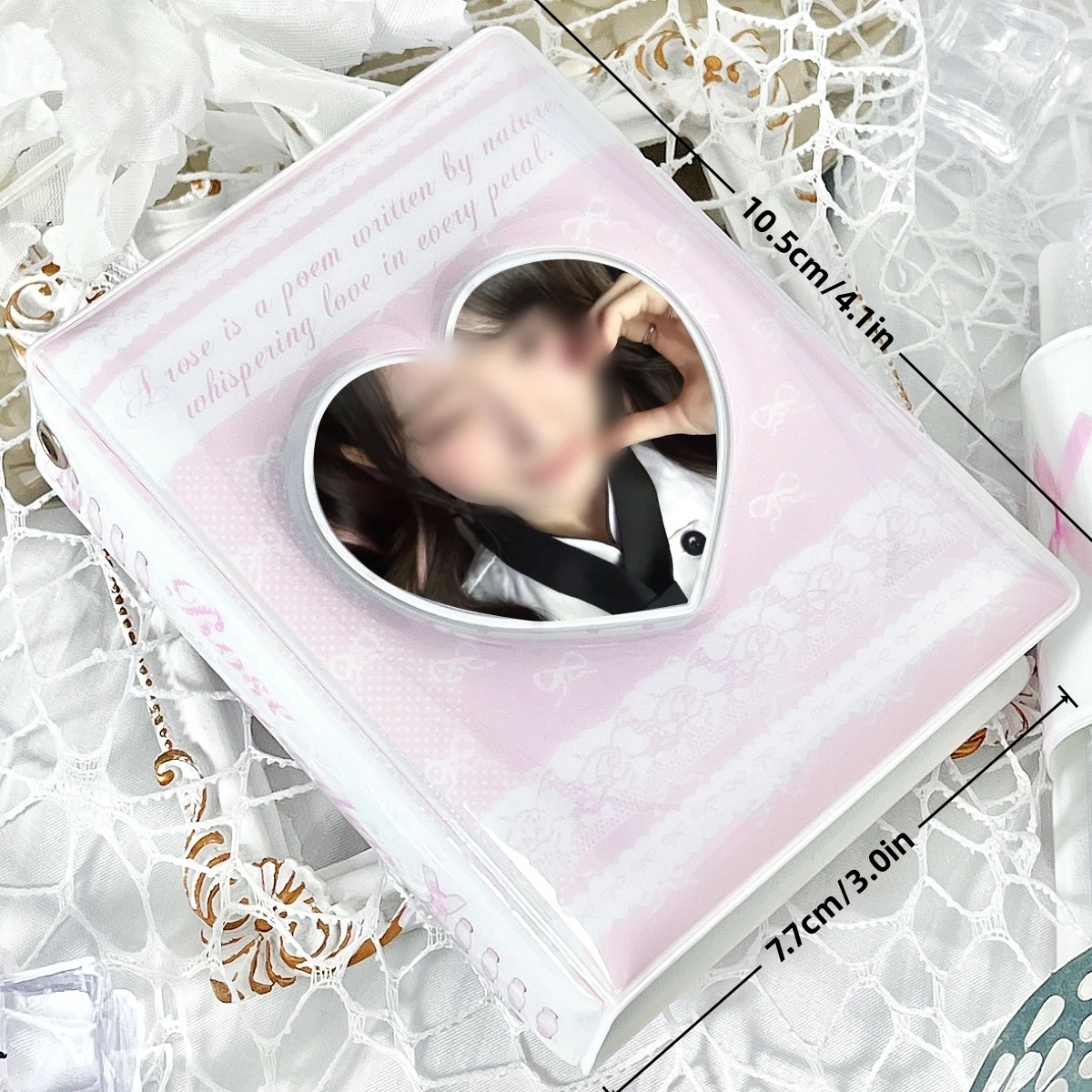 Pink Bow Lace Photo Album, Kpop Fan Photo Card Holder, Heart-Shaped Hollow Cover, Rose Bow Lace Edge Card Holder, Large Capacity, Pu Material, Suitable for Storing 3-3.5inch Photo Cards, Mini Polaroid Album