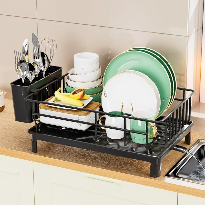 Metal Dish Draining Rack,Cutlery Rack With Drain Tray and Drip Line,Cup Holder,Cutlery Holder,Kitchen Countertop Storage Rack