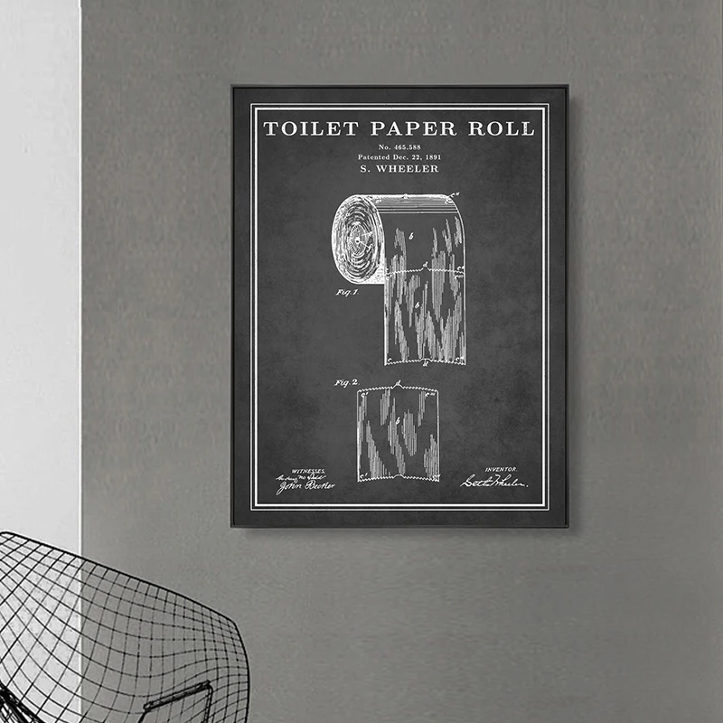 Black And White Bathroom Patents Poster Canvas Painting Minimalist Toilet Seat Razor Paper Roll Wall Art For Home Room Decor