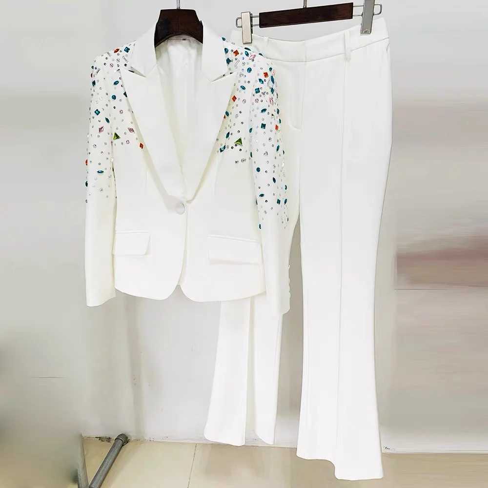 Luxury Diamonds Set Woman  2 Pieces Newest 2023 Designer Single Button Blazer Flare Pants Suits Formal Celebrity Party Pant Sets