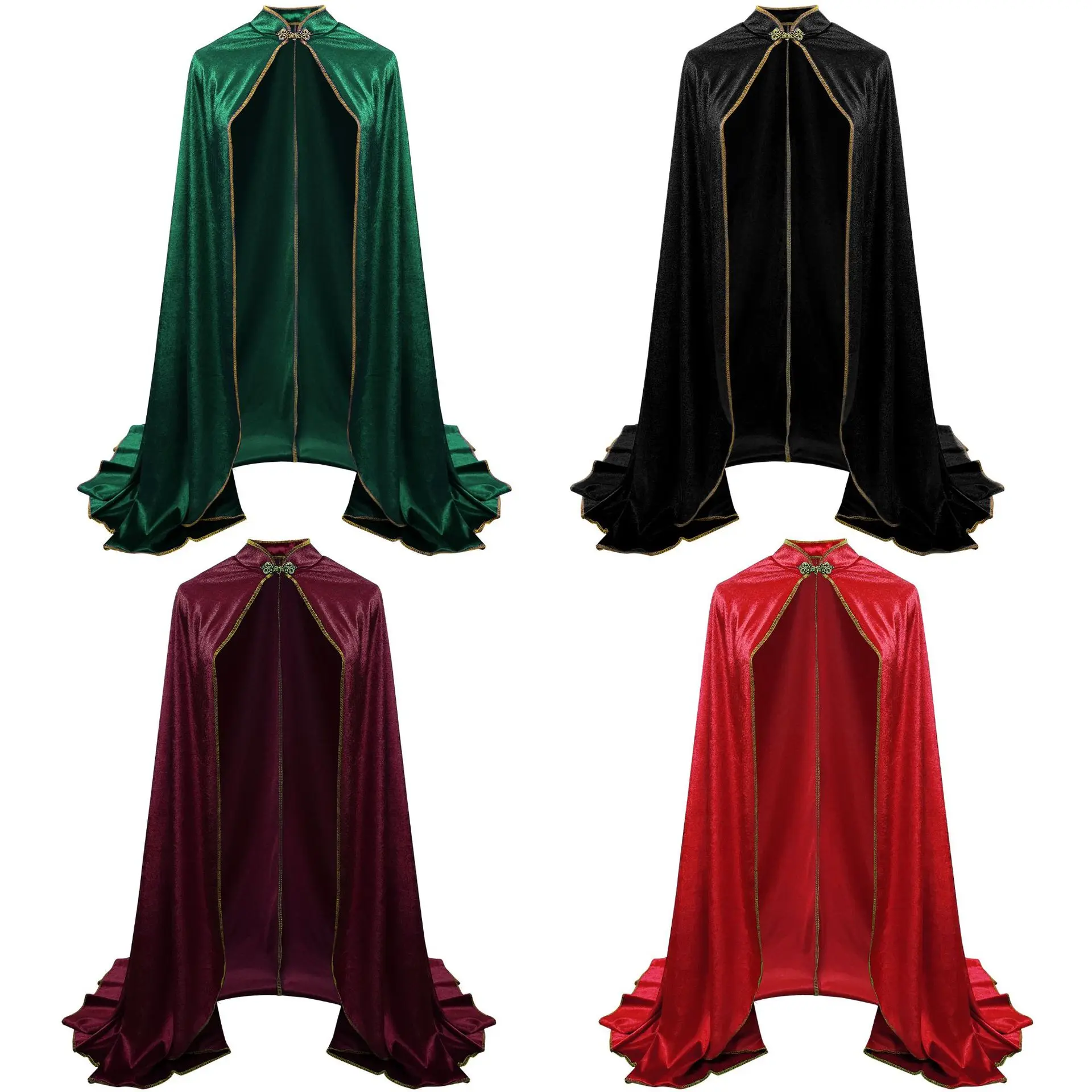 Medieval Velvet Cape Adults Gold Trim Stand Collar Cloak Renaissance Witch Wizard Cosplay Cape Carnival Party Halloween Costume