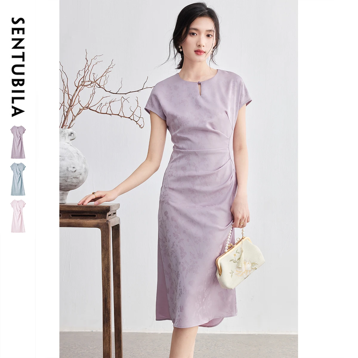 

SENTUBILA Women's Summer Dresses 2026 Chinese Style Jacquard Elegant Cutout Crew Neck Satin Short Sleeve Midi Dress Q52LB2421