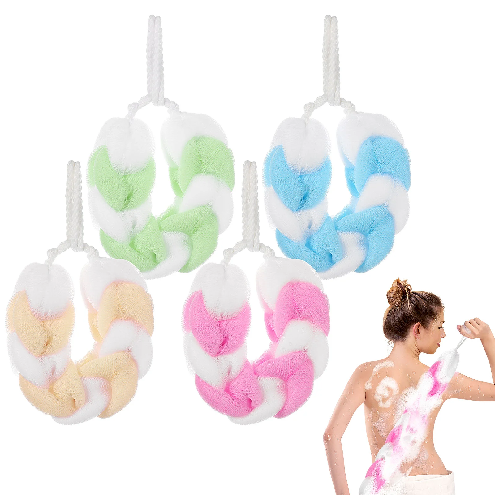 4pcs Long Bath Flower Bath Ball Lather Rub Bath Towel Bath Brush Shower Ball (Assorted Color) scrub bath ball