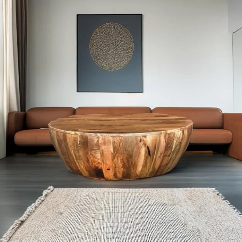 Arthur Mango Wood 35.5 Inch Coffee Table in Round Shape, Dark Brown