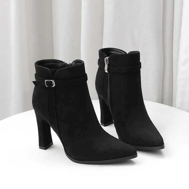 

New Designer High Heel Boots for Women Autumn Winter Zipper Flock Ankle Boots Female Solid Color Fashion Casual Shoes Woman