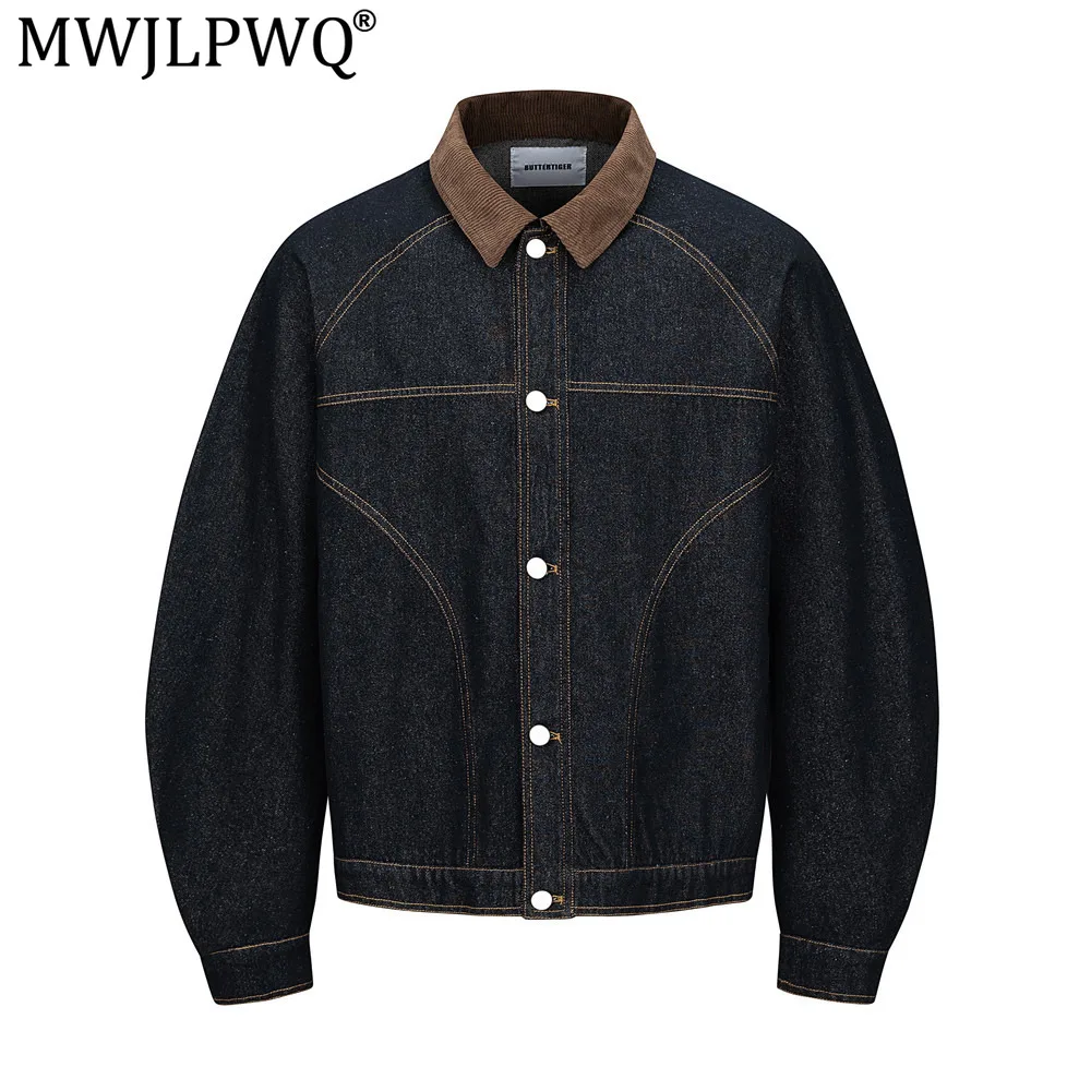 MWJLPWQ American-Style Trendy Men's Jacket Deconstructed Design Corduroy Patchwork Lapel Collar Long Sleeve Casual Tops 17664