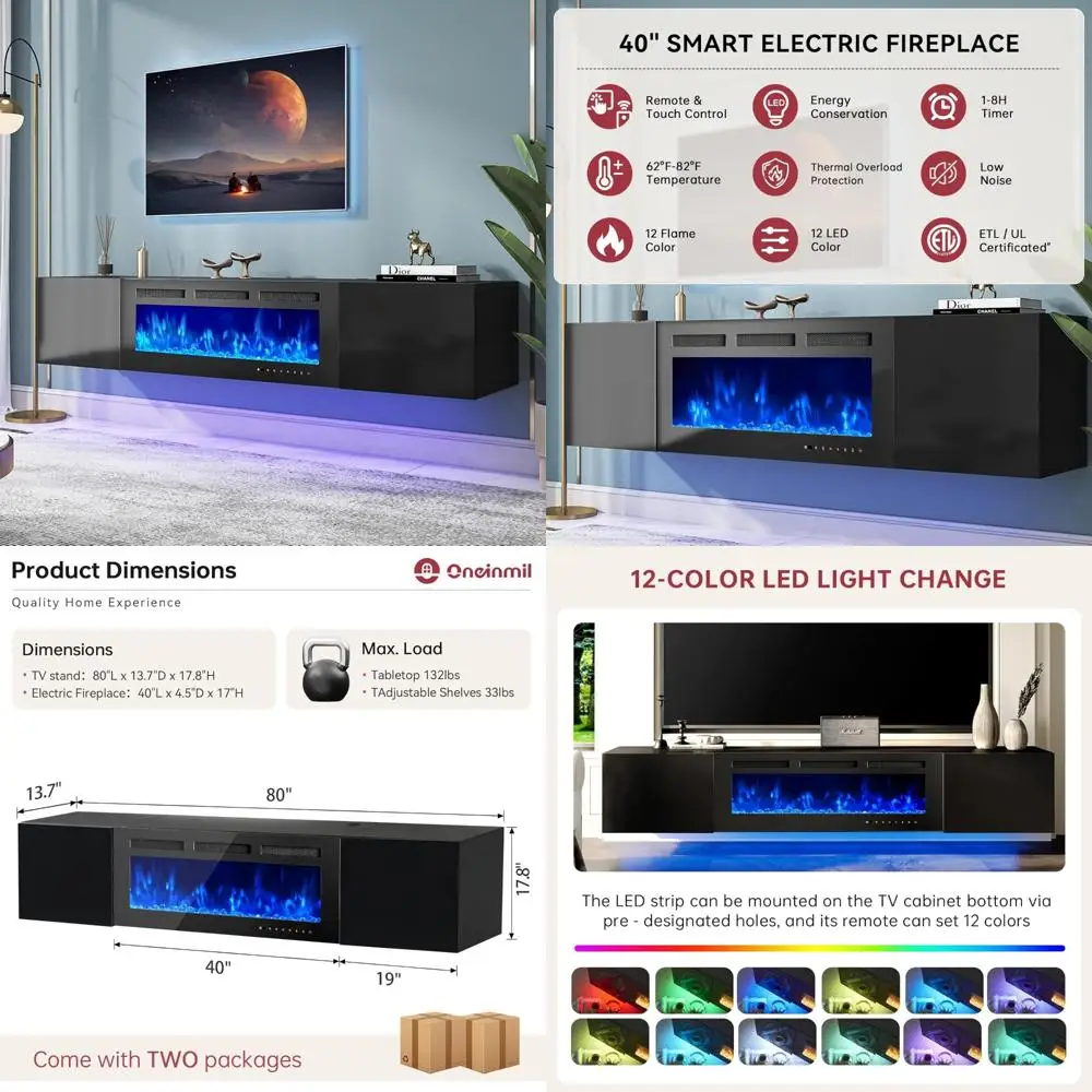 

Modern 80 40 Electric Fireplace TV Stand, Floating Entertainment Center with Storage and 12-Color LED Lights