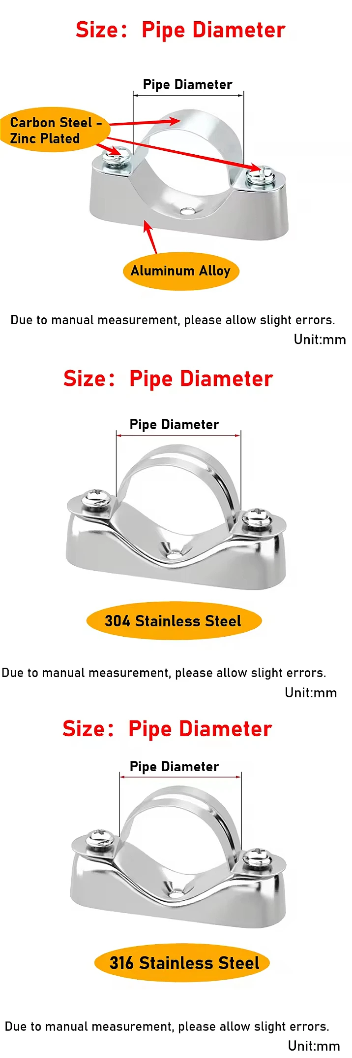 off-wall code saddle clip pipe clamp pipe with screws 16~50mm  304 / 316 Stainless Steel Aluminum Alloy  bracket fixed clips