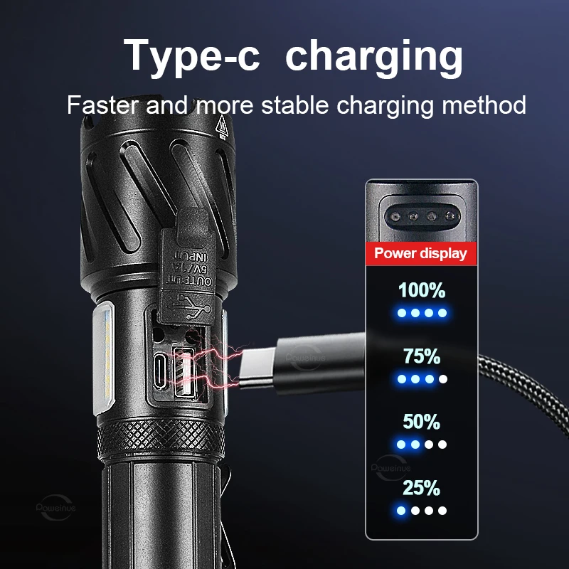 XHP160 LED في الهواء الطلق مصباح يدوي عالي الطاقة قابل لإعادة الشحن ضوء قوي الشعلة 4000K/6000K ضوء جانبي للتخييم التنزه الإضاءة