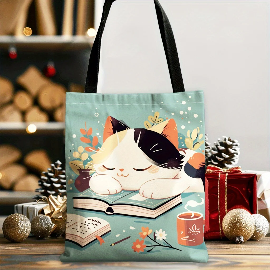 1pc Sleeping Cat Tote Bag - Stylish Polyester Shopping Bag with Cute Orange & White Cat Illustration,Cat Lover Gifts