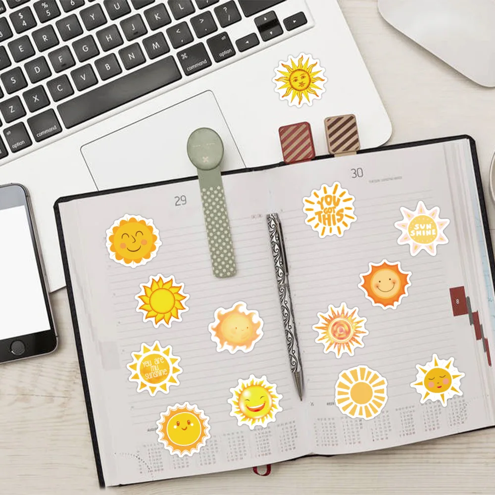60pcs 선샤인 태양 웃는 얼굴 만화 낙서 장식 가방 기타 방수 컵 스티커