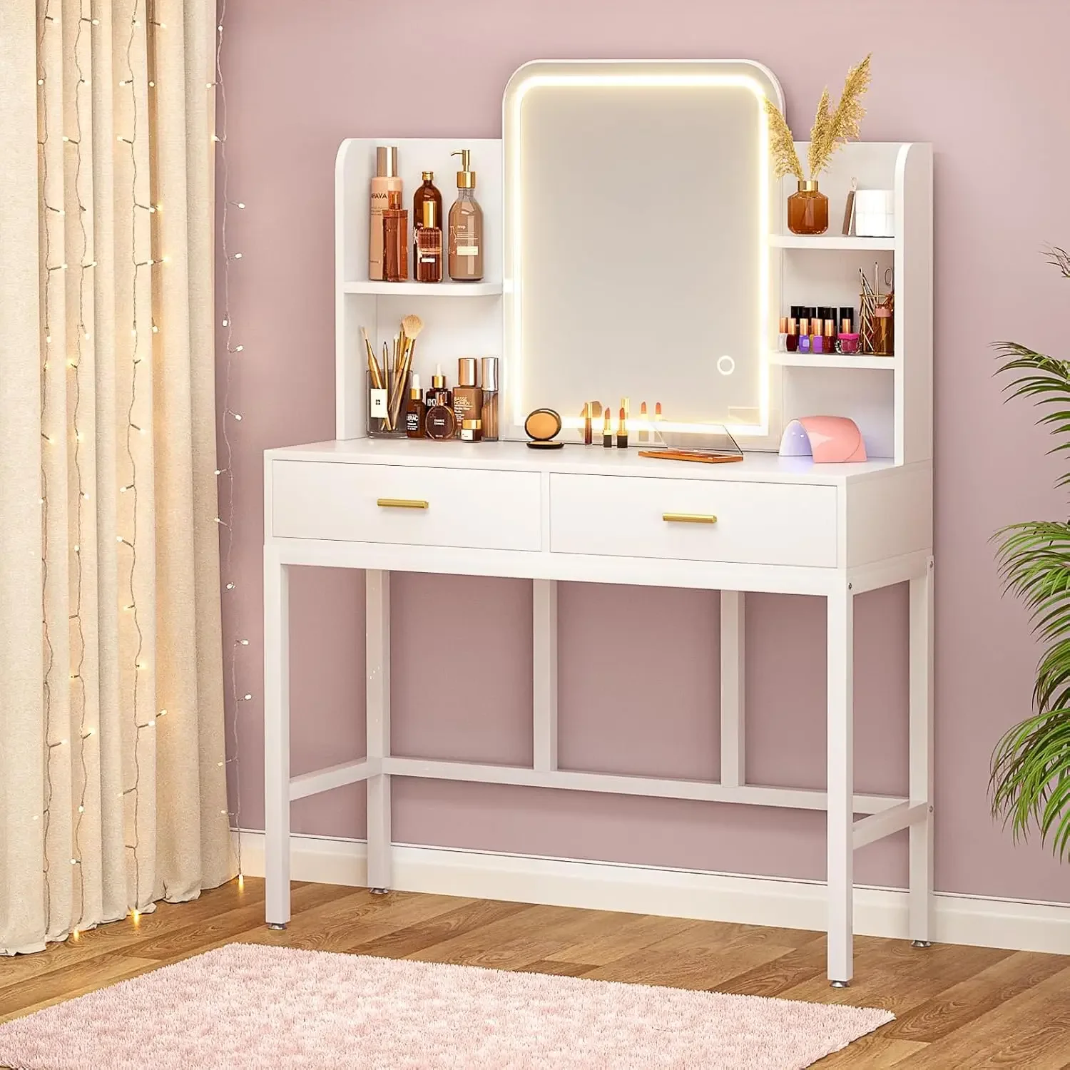 Vanity with mirror and light, 2 storage drawers with 3 color lighting options, modern vanity with bedroom storage shelf