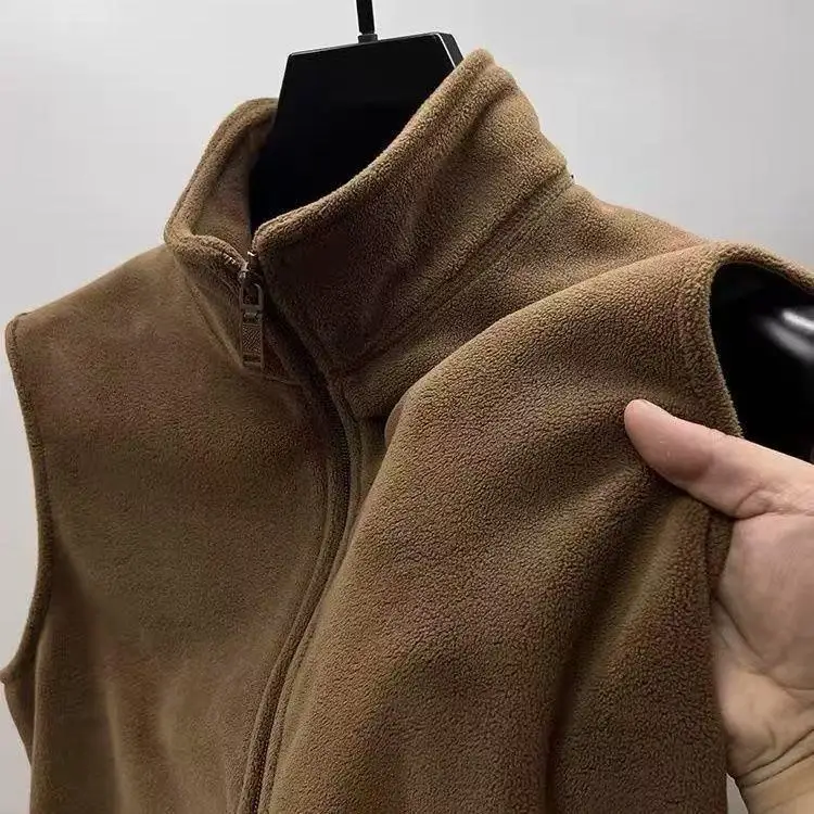 Autumn Winter Thickened Double-sided Fleece Zipper Stand Collar Vest Men's Fleece Lined Jacket Open Cardigan Shoulder Coat
