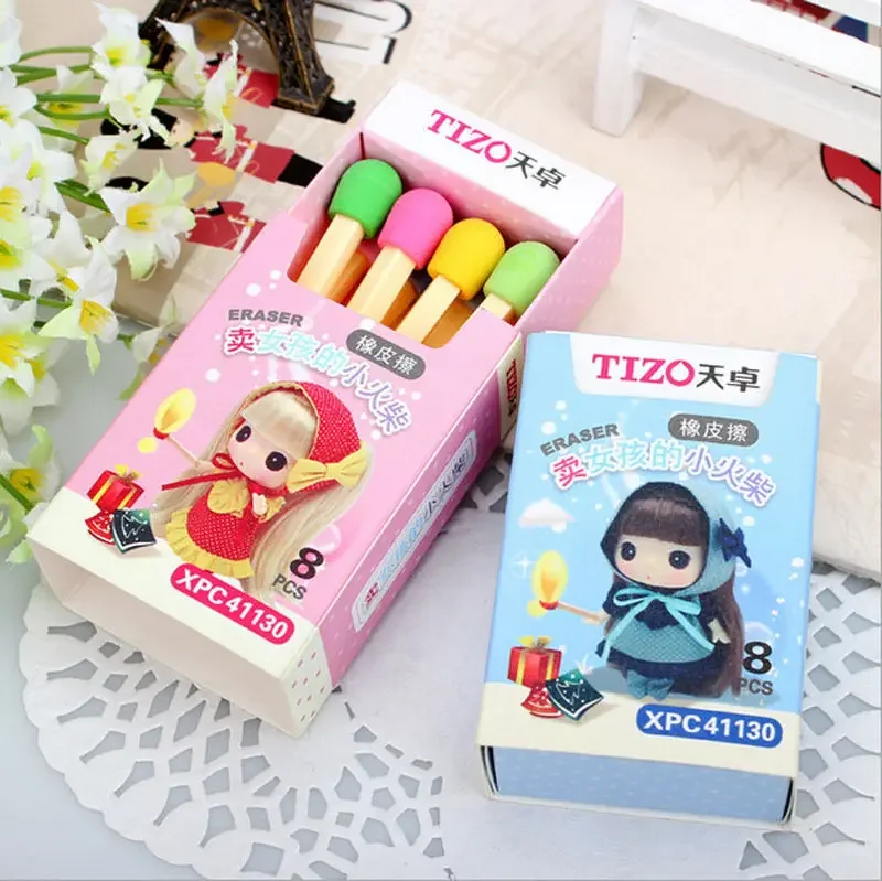 8pcs/box Cute Kawaii Matches Eraser Lovely Colored Eraser for Kids Students Kids Creative Item Gift