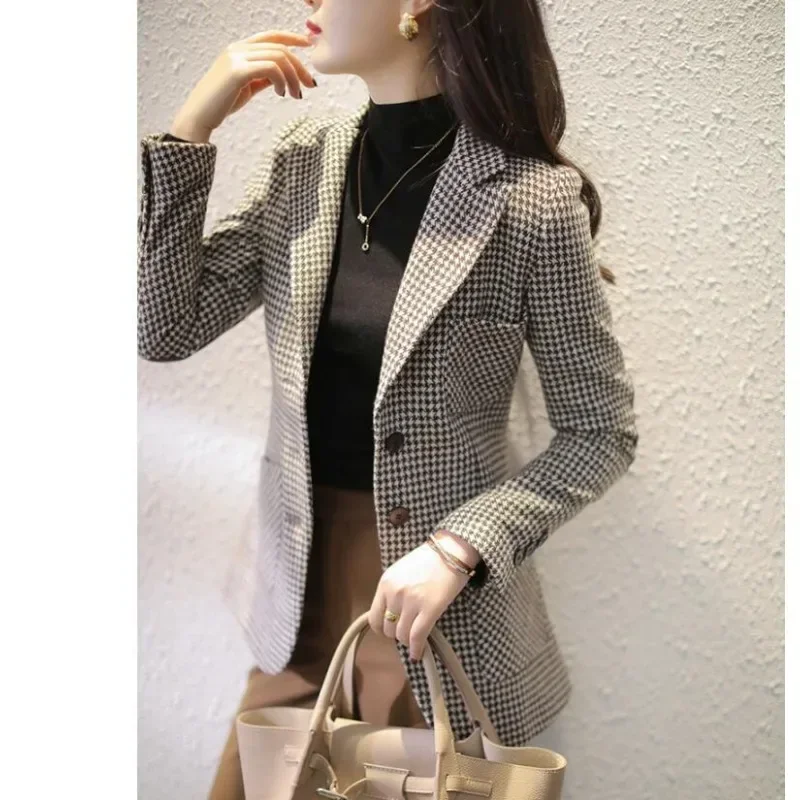 

Slim Coats for Women Clothes Blazer Woman Tweed Wool & Blend Check Jacket Outerwears Plaid Korean Style Simple Cheap Stylish