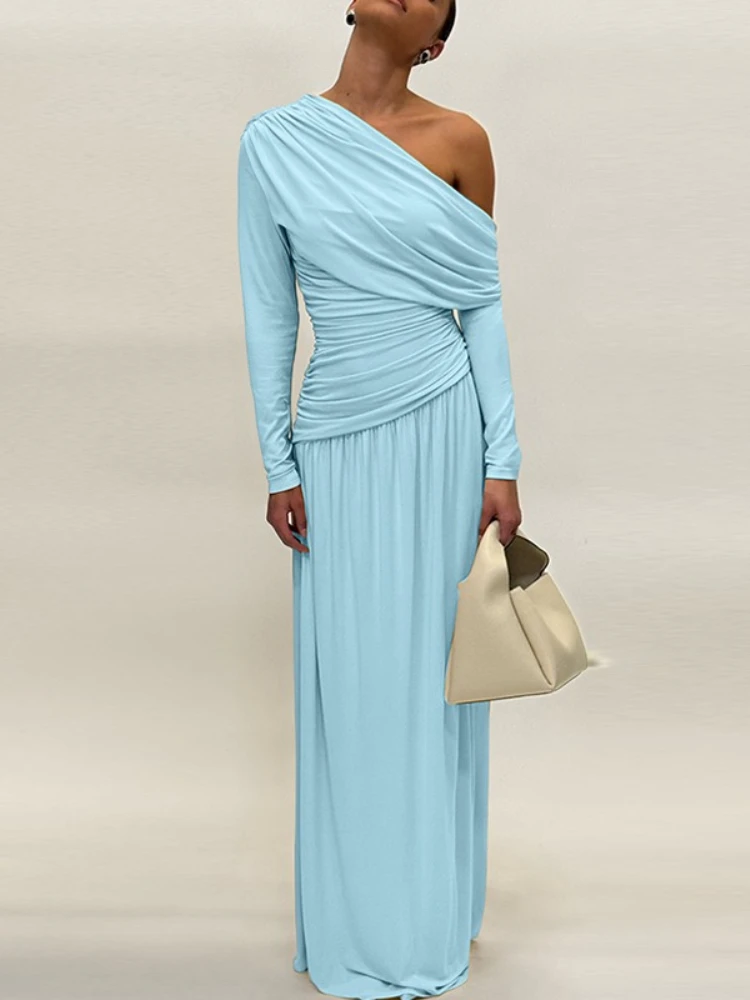 Femme vêtements col diagonale irrégulière longue robe Maxi 2025 automne femme froncé tuniques taille haute solide fête robes de soirée