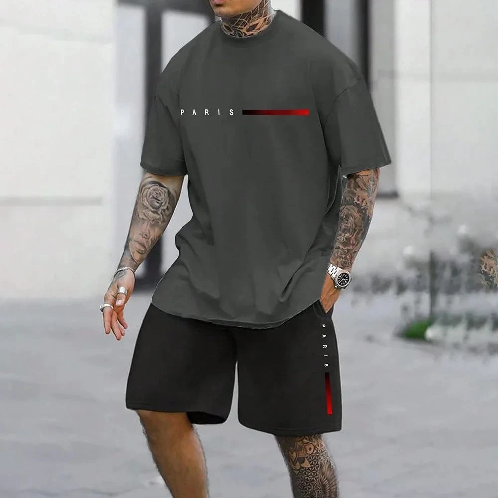 

Fashionable summer new casual loose quick drying men's top urban breathable short sleeved set street fashion loose T-shirt set