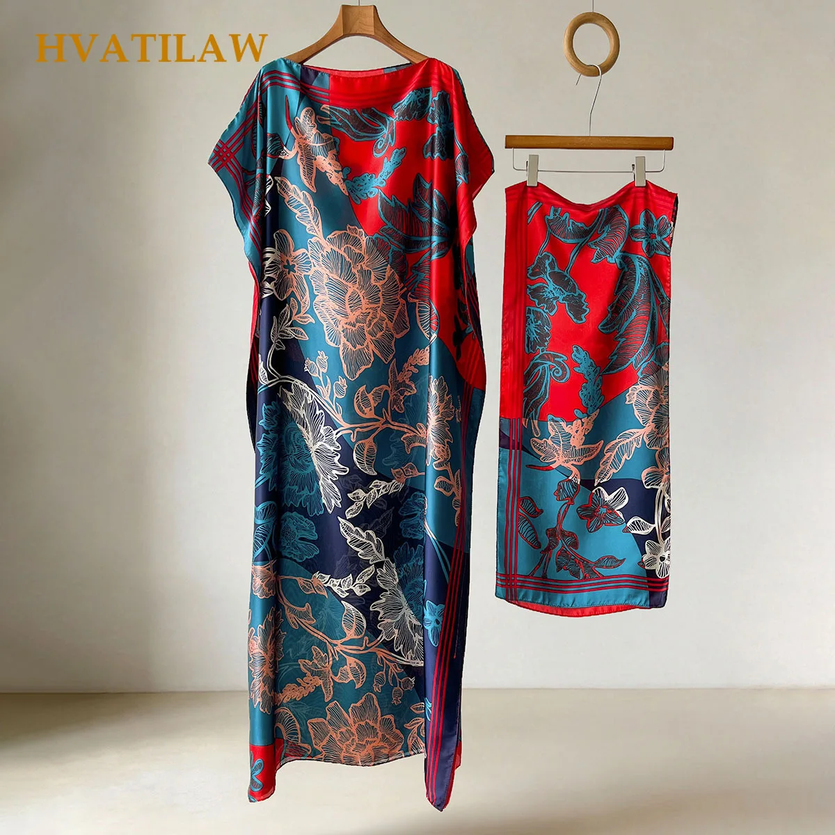 Women Dress Color-matched Floral Multi-purpose Long Robe Headscarf Set for Lady Vacation Travel Two-piece Long Robe Turban Suit