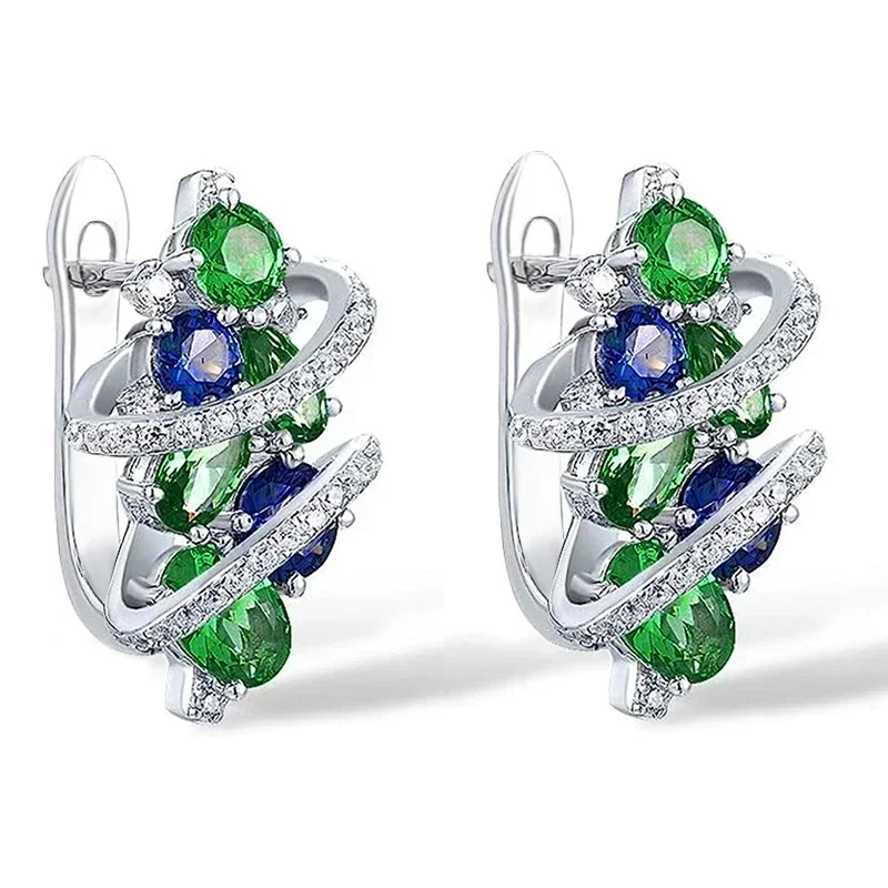 2026 Trendy Hoop Earrings with Bright Green/Blue Zirconia Female Fashion Engagement Jewelry Luxury Silver Color Accessories