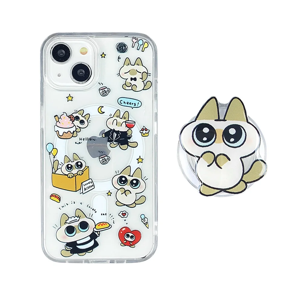 Korea Cute Cartoon Love siamese Bear Clear Magsafe Holder Phone case For iPhone 16 15 14 12 13 11 Pro Max Magnetic hard Cover