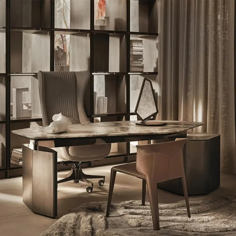 Executive brown marble desk with dark brown cabinets, specially shaped metal design for villa homes or offices