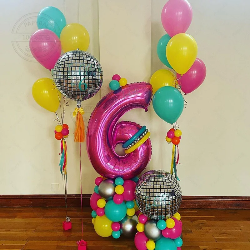 78Pcs 4D Disco Balloons Laser for Wedding Happy Birthday Popular Party Decorations Rose Red Number 1-9th Baby Shower Background