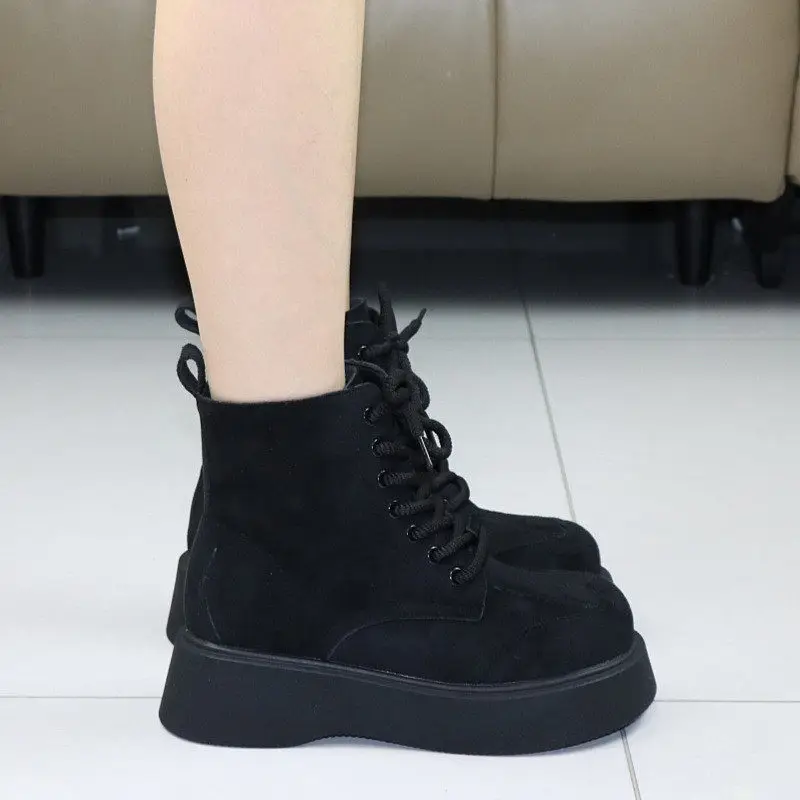 Vintage Brown Boots Women Autumn Winter 6cm Platform Chunky Ankle Boots Fleece Lined Warm Short Boots
