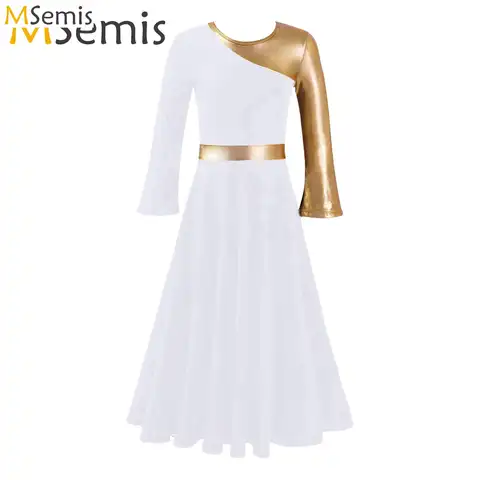 Girl Metallic Liturgical Praise Dance Dress Gold Color Block Church Celebration of Spirit Praise Stage Performance Dancewear