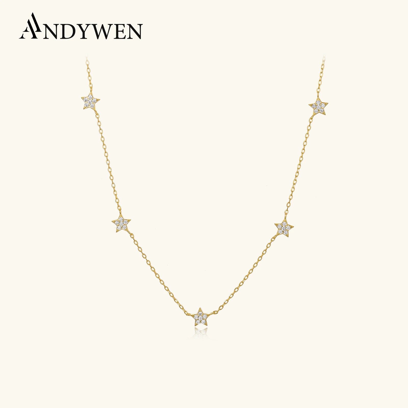 ANDYWEN Colar Choker de Prata Esterlina 925 com Estrelas Douradas e Zircônias CZ, Correntes Longas, Joia Feminina para Casamento, Presente