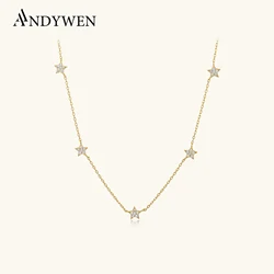 ANDYWEN 925 Sterling Silver Gold Starry Sky Spakle Star Linked CZ Zircon Choker Necklace Long Chains Women Wedding Jewelry Gift