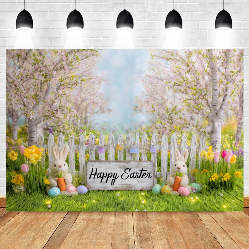 Happy Easter Backgrounds For Photographs Eggs Bunny Basket Floral Tree Fence Spring Theme Family Portrait Celebration Backdrops