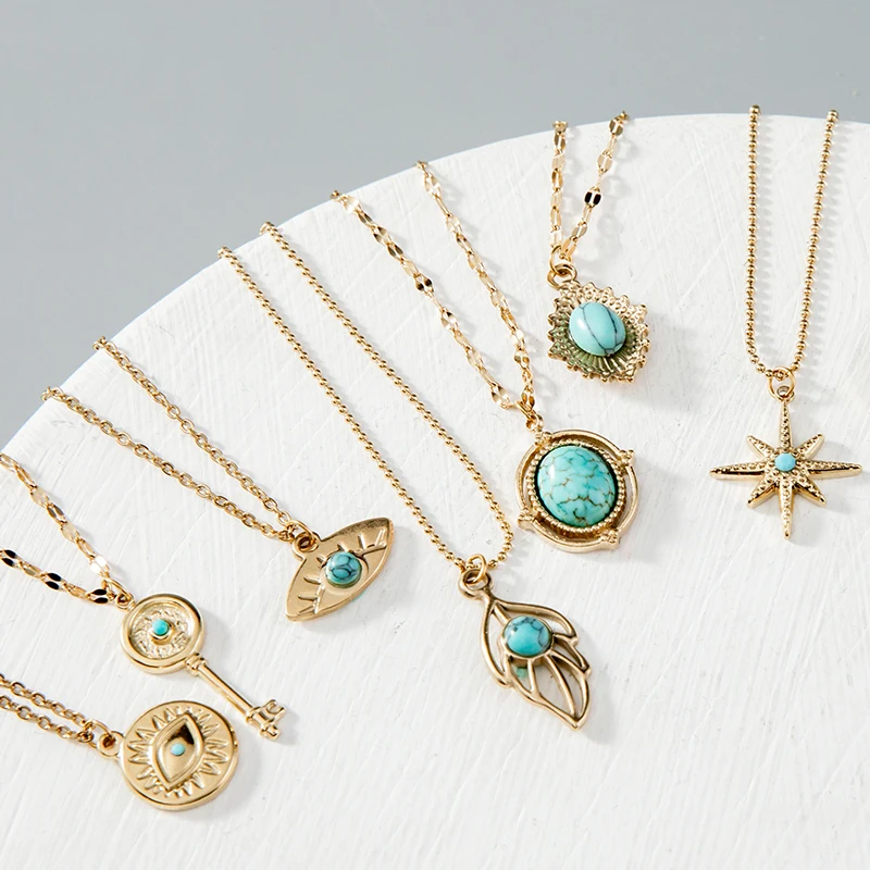 

Bohemian Nature Stone Pendant Necklaces for Women Vintage Stainless Steel Star Key Charm Choker Chain Necklace Fashion Jewelry