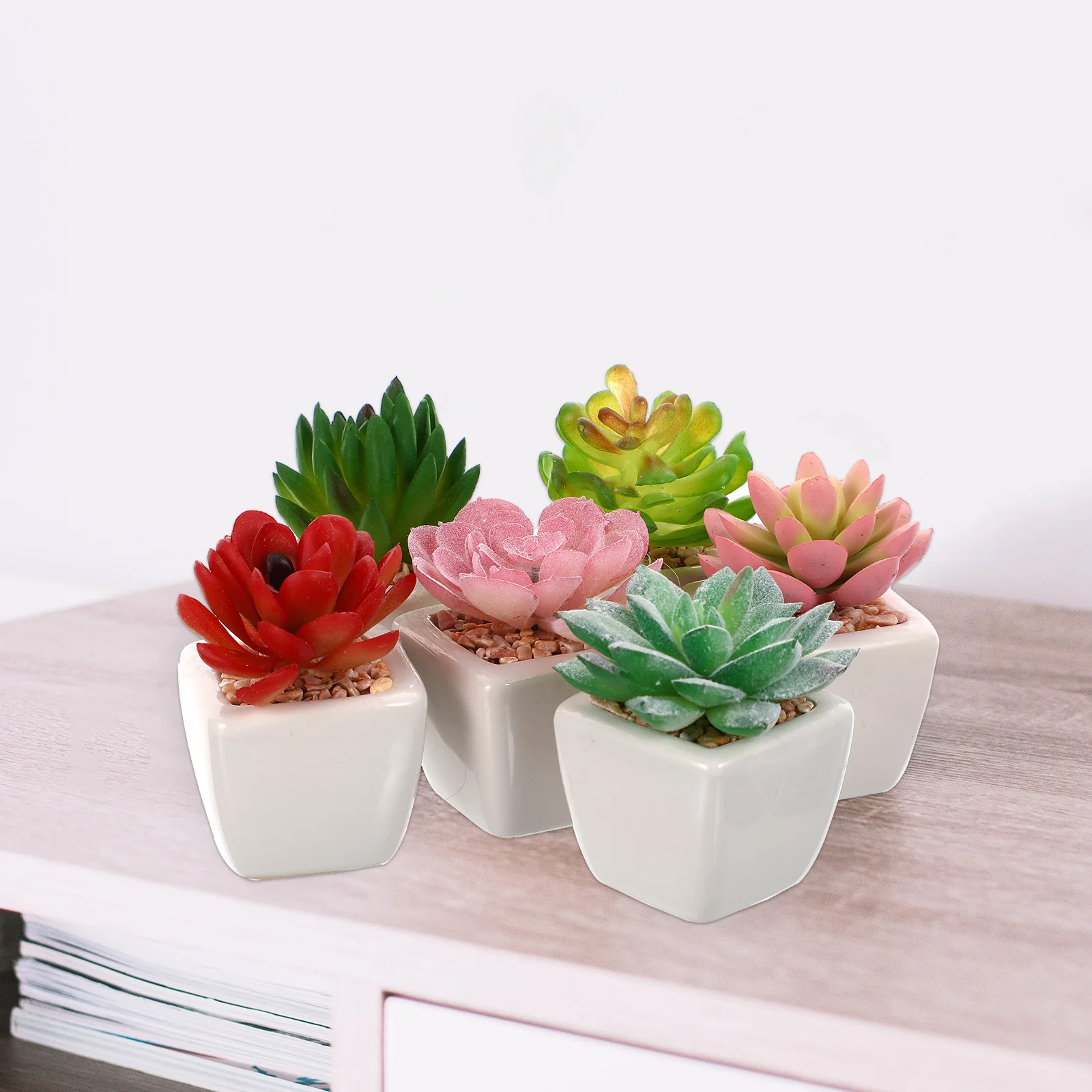 

6Pcs Mini Succulent Bonsai Modern Style Ceramic Potted Plants for Desk Decor Artificial Micro Succulents Home Office Garden