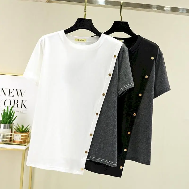 Oversized T Shirt Women Summer Trendy Top Korean Style Irregular Short-sleeved T-shirt Buckle Decoration All-match Casual Tshirt