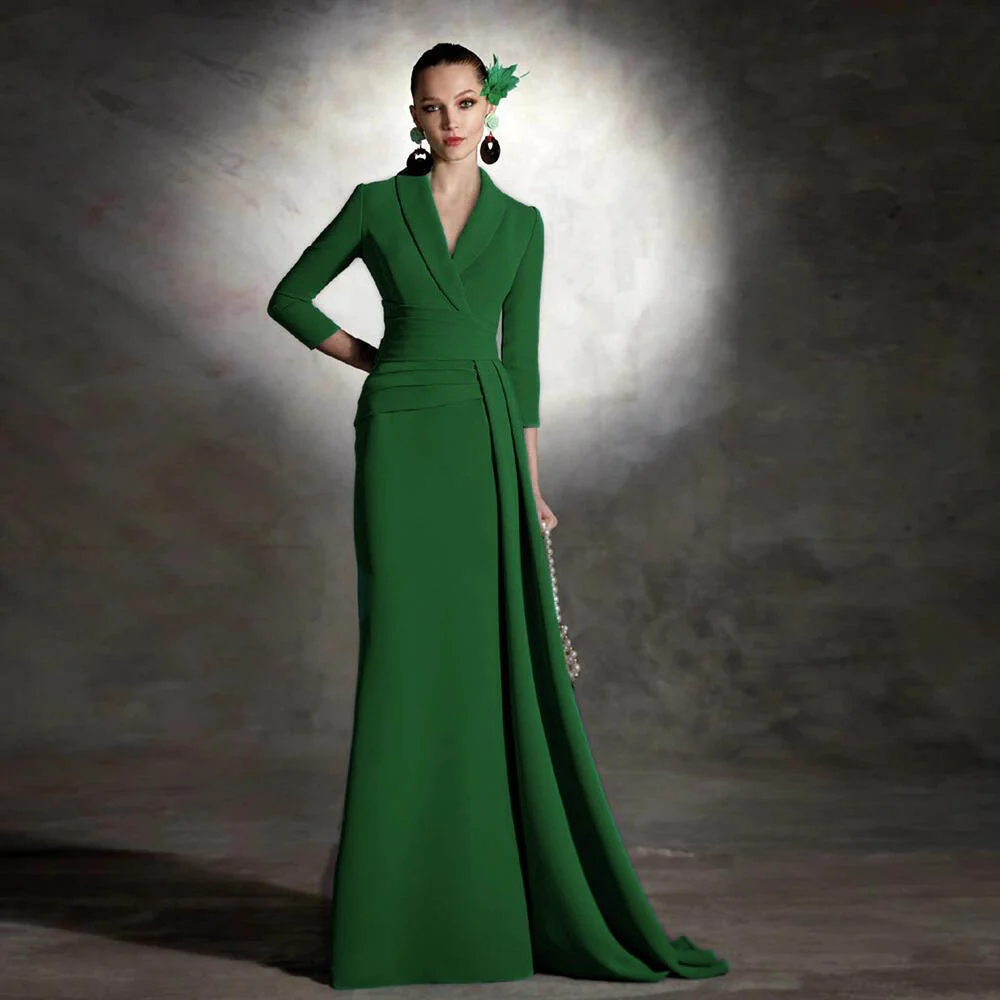 Elegante verde personalizado mãe da noiva vestidos com decote em v mangas 3/4 vestidos de festa de casamento plissado sereia 2025 فسات