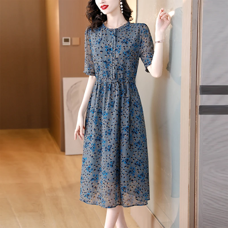 

Women Vintage 5XL Plus Size Floral Casual Sundress 2024 Summer Print Mulberry Silk Midi Dresses Elegant Bodycon Party Vestidos