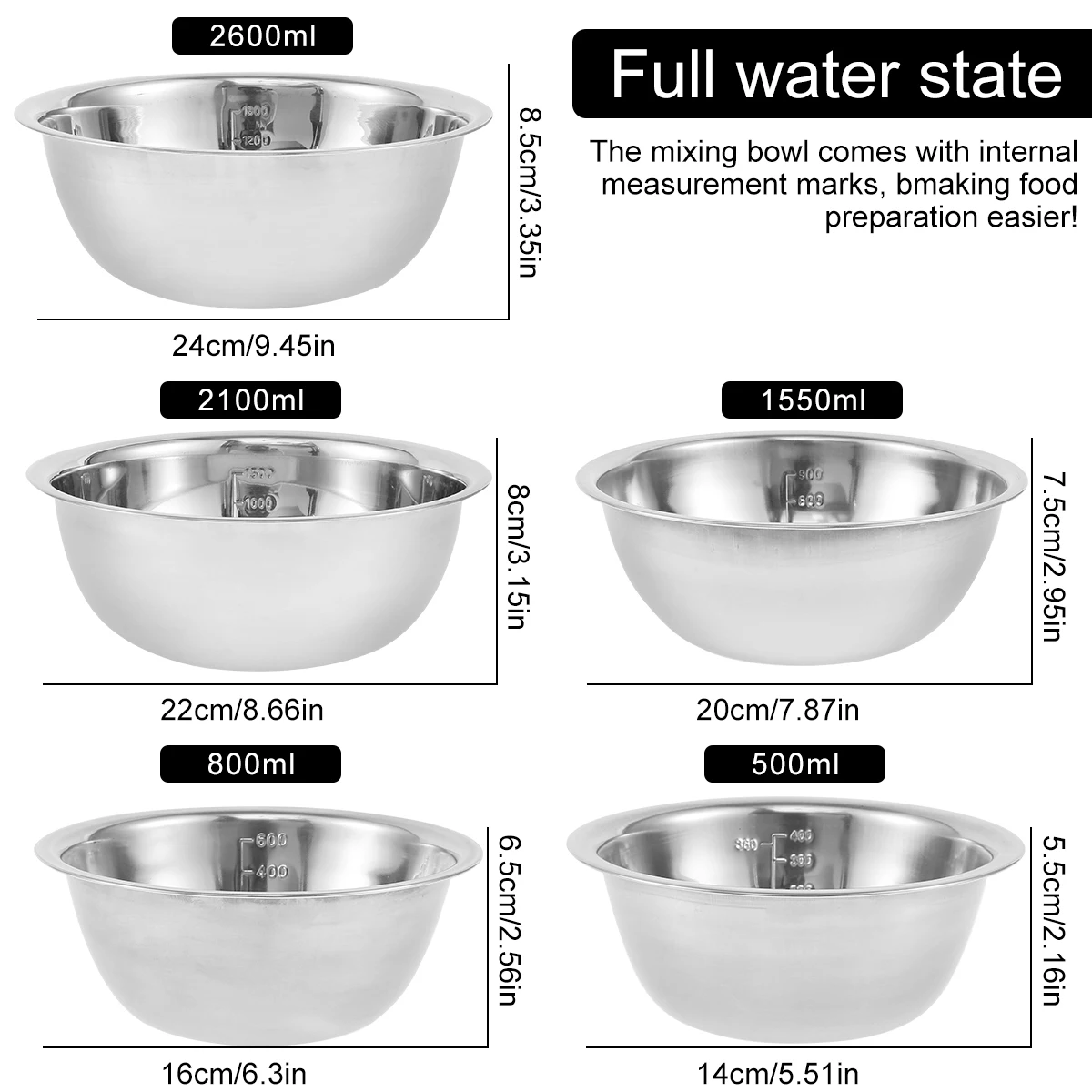 5Pcs Stainless Steel Mixing Bowl Set Multipurpose Soup Basin 5Sizes Space Saving Nesting Bowls Set 2600ML Salad Bowls for Baking